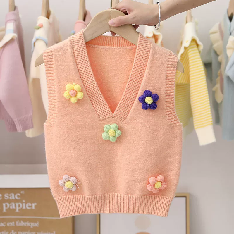 Children's vest, jacket, thin sweater sleevless, V-neckline, flowered