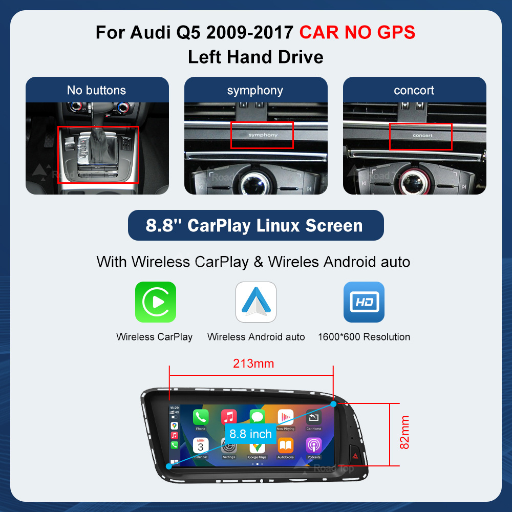 8.8 inch wireless CarPlay display for Q5 2009-2017 radio player