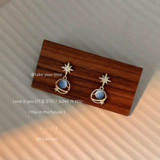 宇宙星河~微镶锆石镀银针镀14K清新玻璃蓝猫眼石耳钉ins耳饰耳环