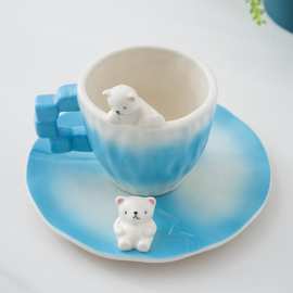 手绘高颜值可爱立体手作陶瓷杯ins个性创意北极熊咖啡杯碟套装