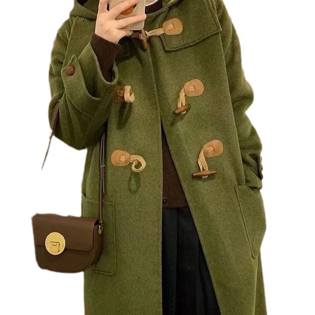 New Korean Women Hooded Horn Buckle Coat Green Double-sided Wool