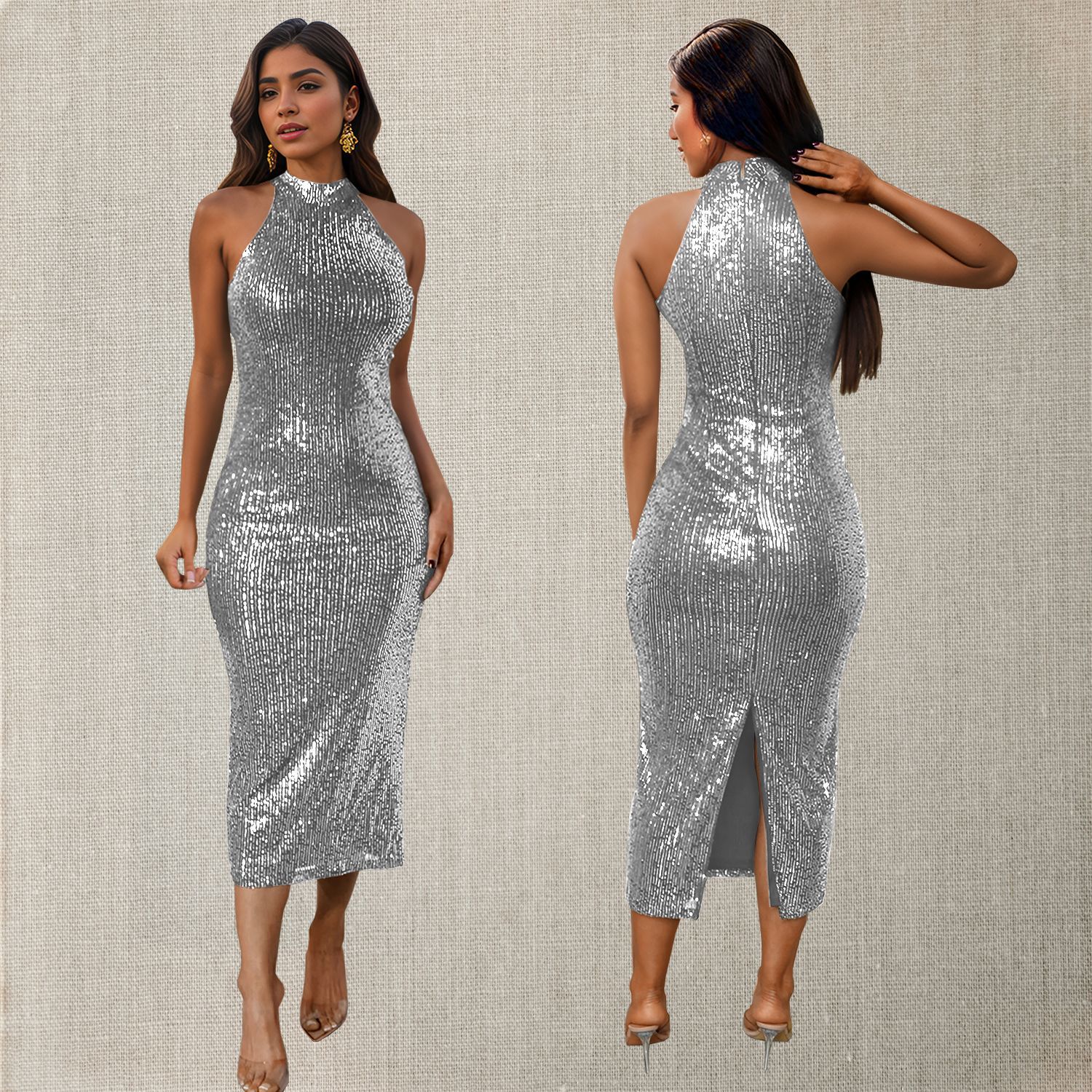 C7195 cross-border AliExpress Amazon Europa y América moda de mujer cuello colgante esquinilla ajustada sexy vestido delgado image 5