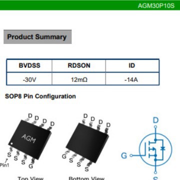 芯控源AGM30P10S   P管30V  内阻12mR  电流14A  封装SOP8