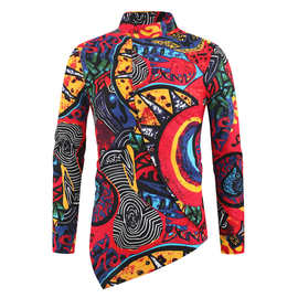 春夏新款外贸批发大码男士长袖衬衫民族风印花大码立领衬衫男C41