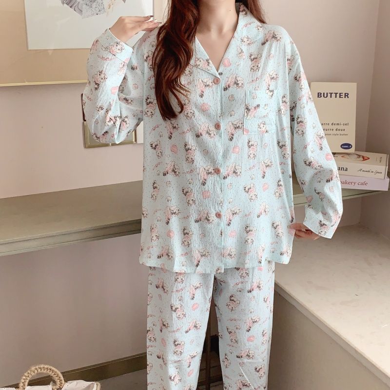 Al por mayor transfronterizo otoño nueva explosión nubes pijamas de algodón mujeres dibujos animados casuales lindos mangas largas pantalones largos set de ropa para el hogar