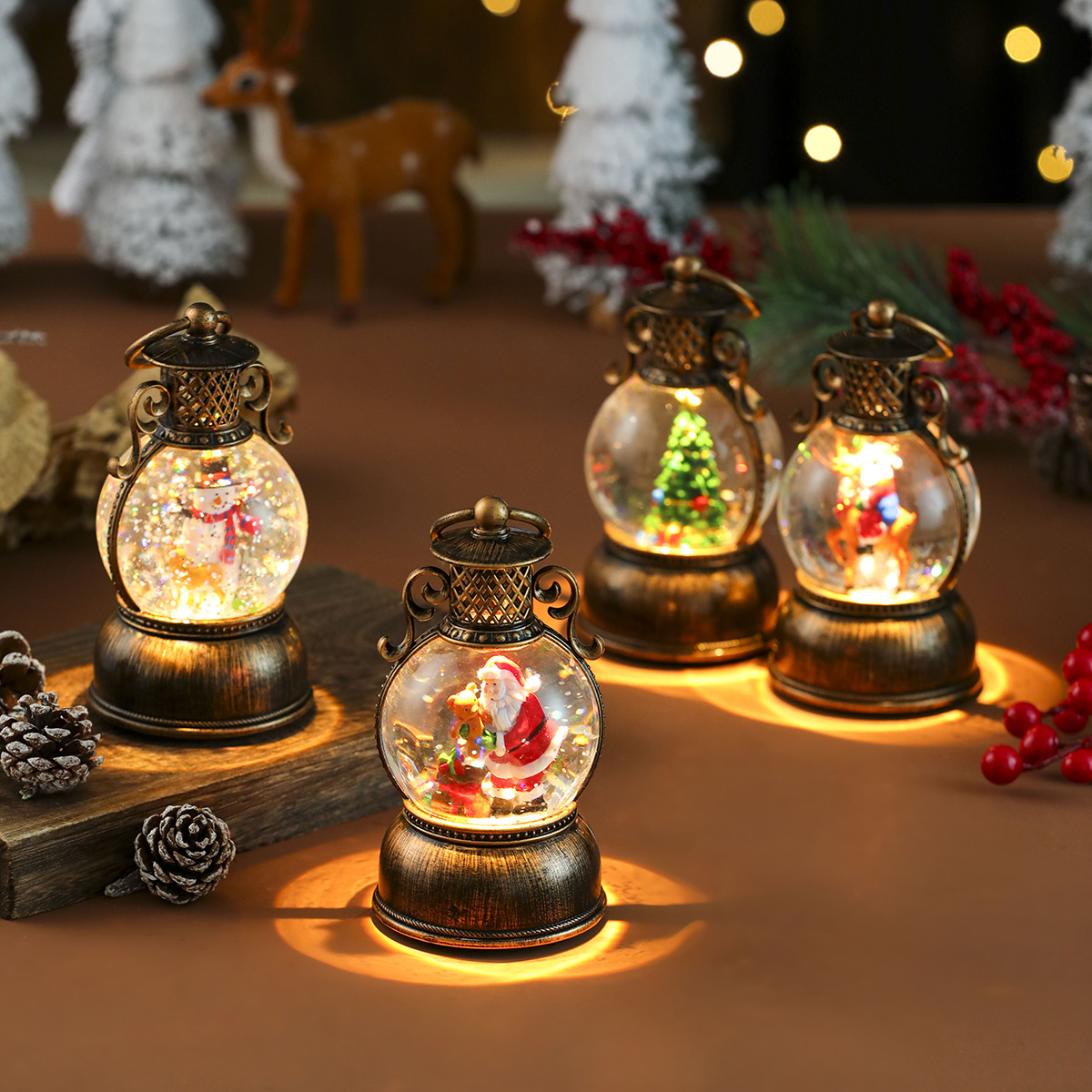 USB con música, nieve, adornos de resina luminosa navideña, adornos navideños, inyección de agua, cepillo portátil, luz de caballo dorado