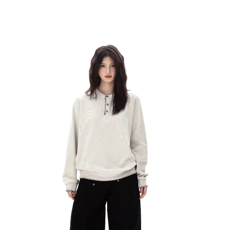 Autumn and Winter American Hand-Stitched Henry Collar Knitted Sweatshirts for Men and Women, Old Money Style Casual Loose Long-Sleeved Tops Trendy