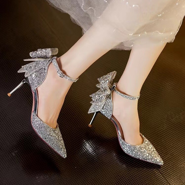 2025 Spring and Autumn New Crystal Diamond Silver Bow High Heels Women's Stiletto High-End Bridesmaid French Wedding Shoes Women