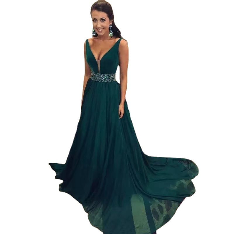 Europeo y americano Amazon AliExpress deseo vestido de noche de las mujeres gasa sin mangas cinturón con cuentas V-cuello adelgazante vestido de noche