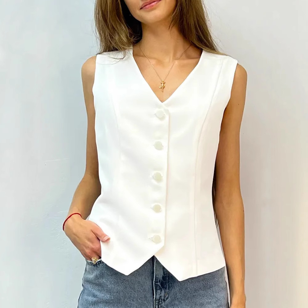 2025 Summer V-Neck Vest Women's Commuting Fashion Outerwear Button Solid Color Vest European and American Cross-Border Breathable Top