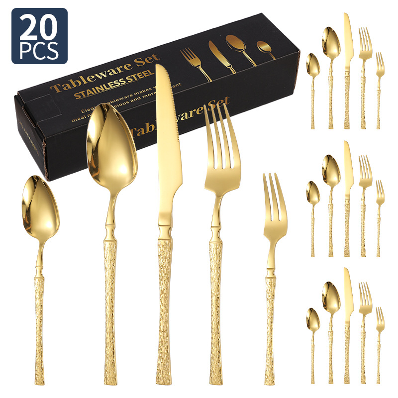 Cuchillos, tenedores y cucharas de acero inoxidable con cintura pequeña transfronteriza Juego de vajilla de acero inoxidable con cuchillo y tenedor de filete dorado, juego de 20/24/30
