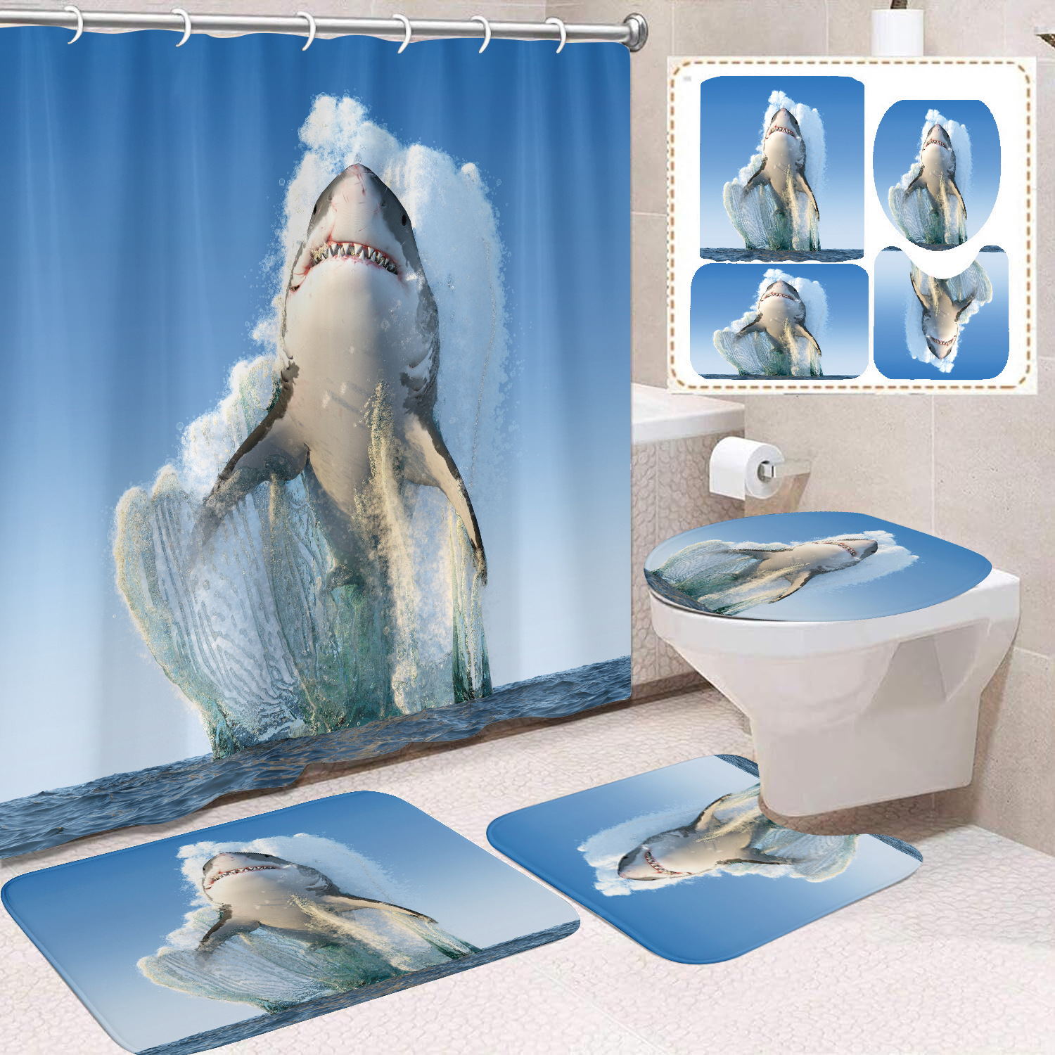 Cortina de ducha transfronteriza con diseño de delfines azules, estampada digitalmente, de poliéster, sin perforaciones, para baño, decoración del hogar image 37