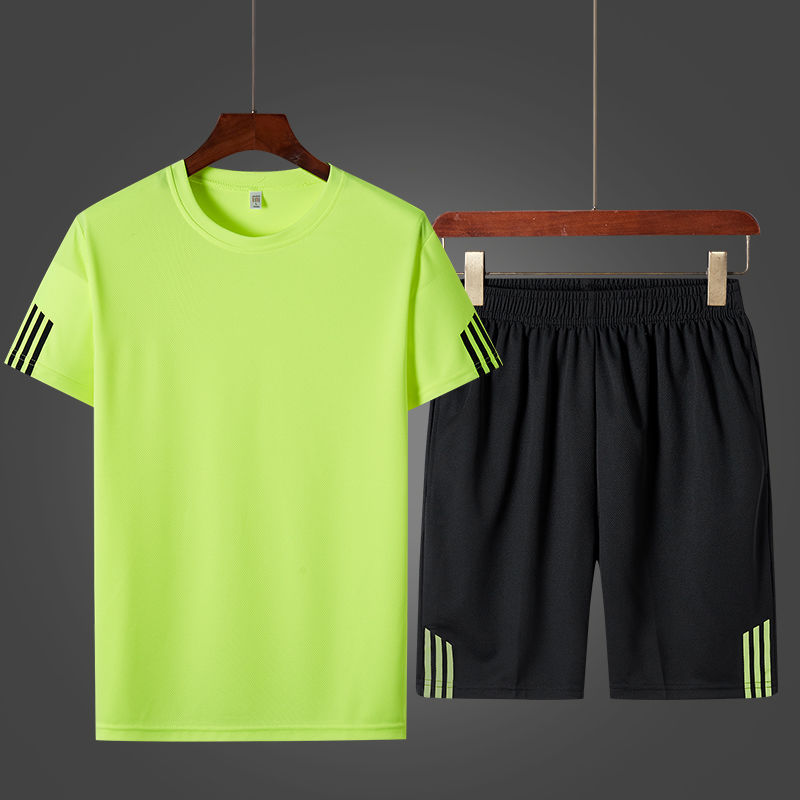 Traje deportivo transfronterizo de verano de secado rápido para hombre, conjunto de pantalón corto y camiseta de manga corta, traje de tres rayas personalizado para comercio exterior, conjunto de dos piezas de talla grande para hombre