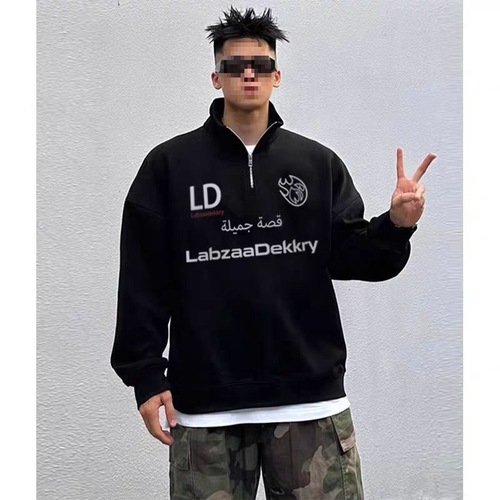 Oversize brand letter print half-zip hoodie for men, autumn and winter functional style, couple's black turtleneck jacket