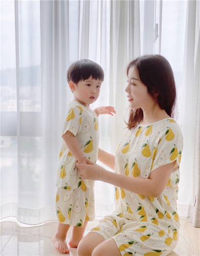 Summer bamboo cotton short-sleeved shorts set, baby home clothes, parent-child home clothes