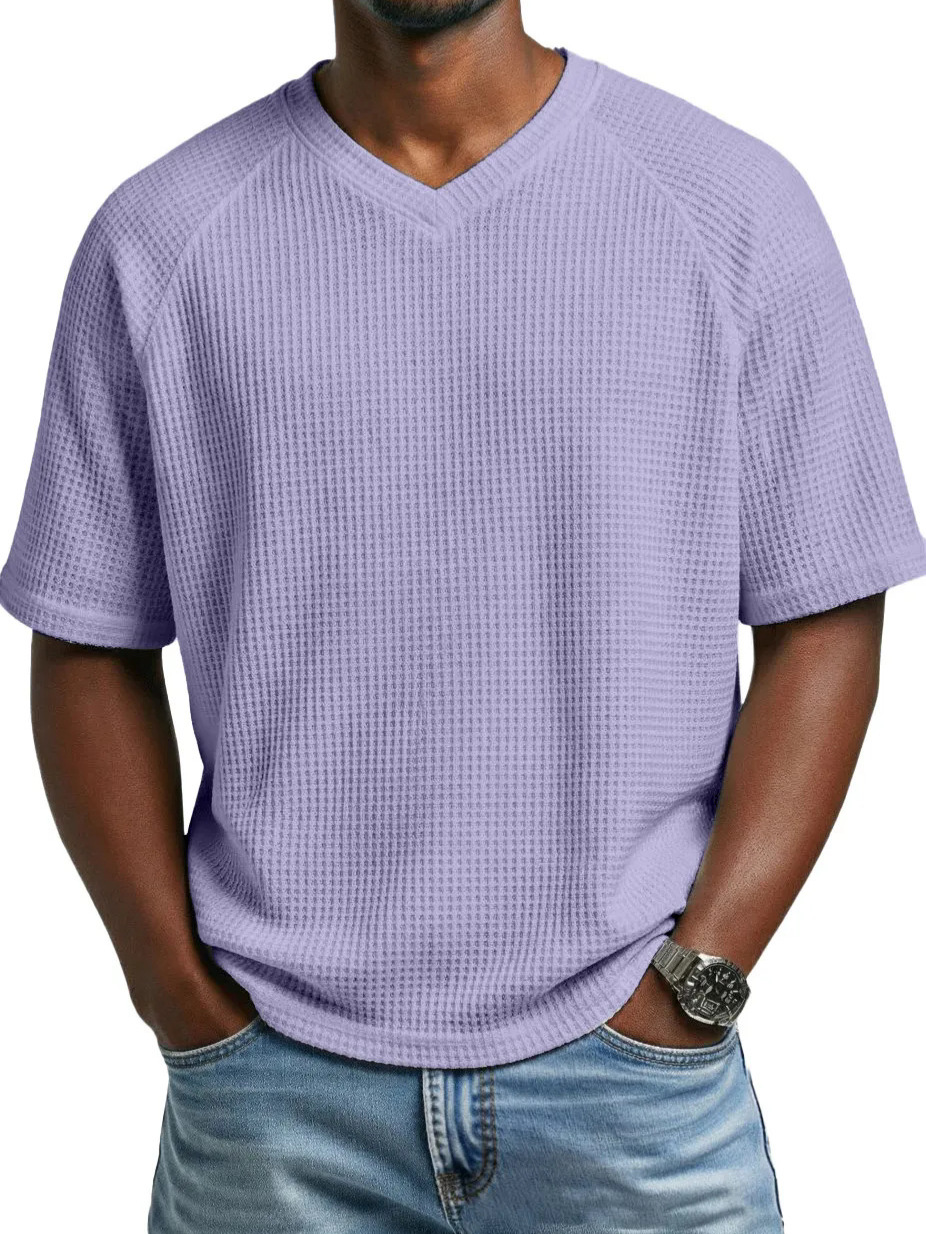 2026 Europa y América primavera y verano estación independiente transfronteriza hombre moda waffle de punto mangas de hombro de cuello en V camiseta de hombre de mangas cortas