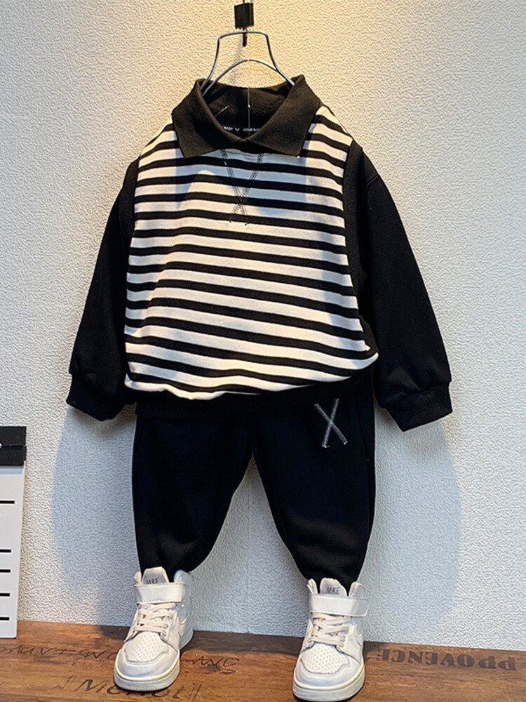 Chlapecký pruhovaný pletený set na jaro/podzim 2023, nový dětský stylový a ležérní dvoudílný set, ve westernovém stylu pro miminka_voghion.com