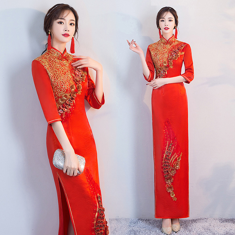 Long Cheongsam Runway Performance Dress, Elegant High-End T-Stage Performance Gown, Long Slim-Fit Chinese Style, Artistic Retro