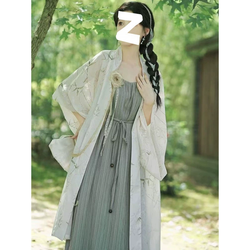 Новая женская одежда в китайском стиле, стиль династии Сун, улучшенный свободный летний кардиган с элементами Хань, платье на подтяжках, комплект из двух предметов