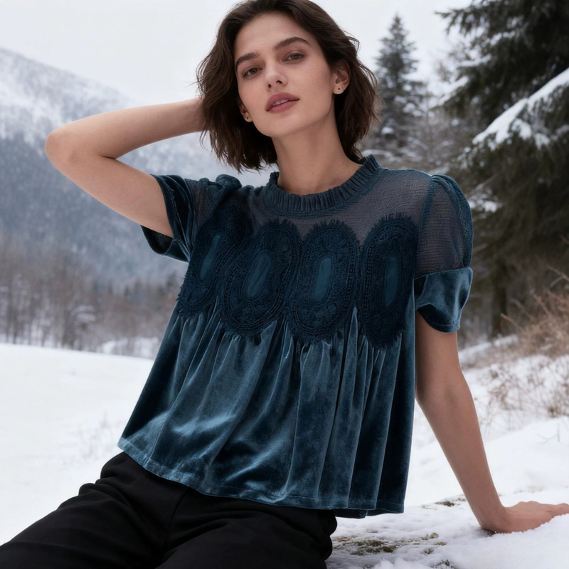 Cross-Border Ready-Stock Chiffon Tops, Loose Short-Sleeved Shirts, European and American Style Women's Fashion, Versatile, Light Luxury Lace Style