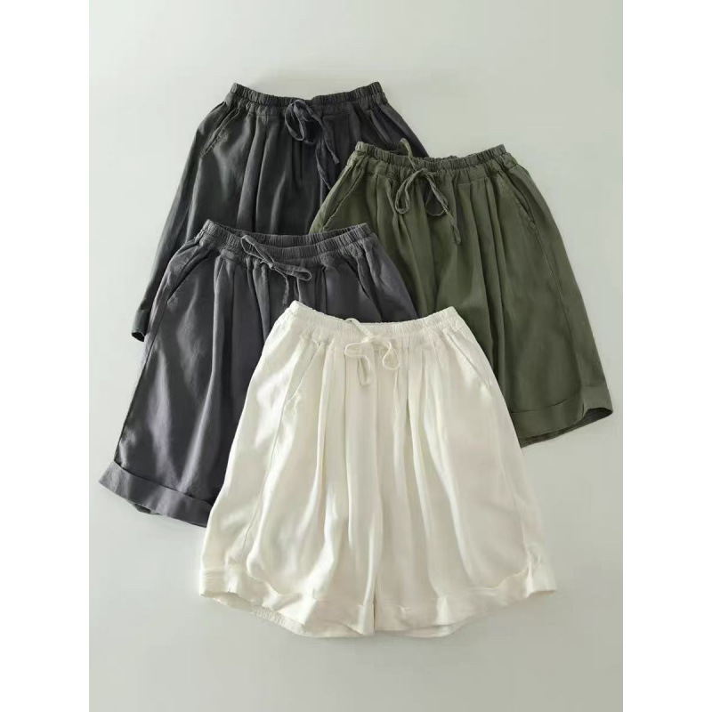 Summer New Style Artistic Simple Solid Color Drawstring Elastic Waist Shorts for Women Japanese Style Loose Slimming Versatile Wide-Leg Pants for Women Summer New Style Artistic Simple Solid Color Drawstring Elastic Waist Shorts for Women Japanese Style Loose Slimming Versatile Wide-Leg Pants for Women