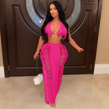 源头工厂2023夏季新款欧美女装性感流苏针织沙滩裙套装亚马逊跨境