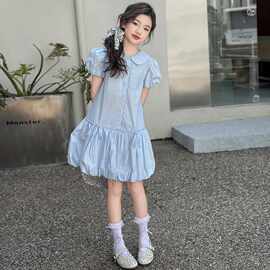 女童韩系夏季薄款娃娃领蓬蓬裙中大童纯色甜美泡泡袖短袖polo裙子