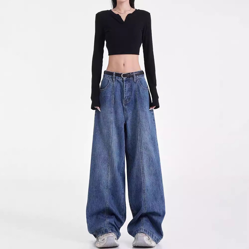 Kenstudio American Retro Washed Straight-Leg Jeans, Loose Fit, Slimming Wide-Leg Pants, High-Waisted, Versatile