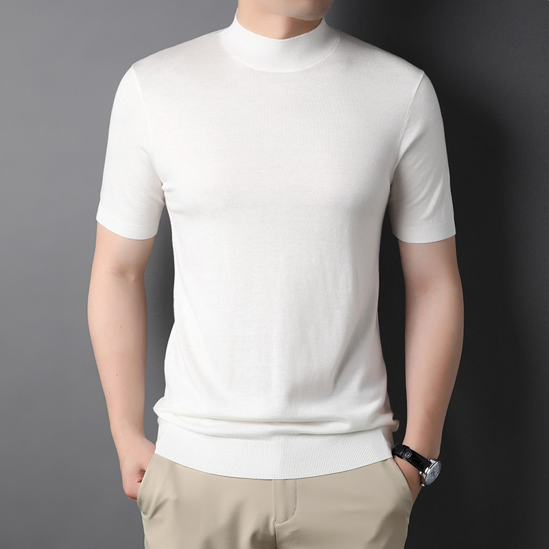 Chiarmani Short-Sleeved Knitted T-Shirt for Young and Middle-Aged Fashionable Wool Tops Half Turtleneck Sweater Bottoming T-Shirt
