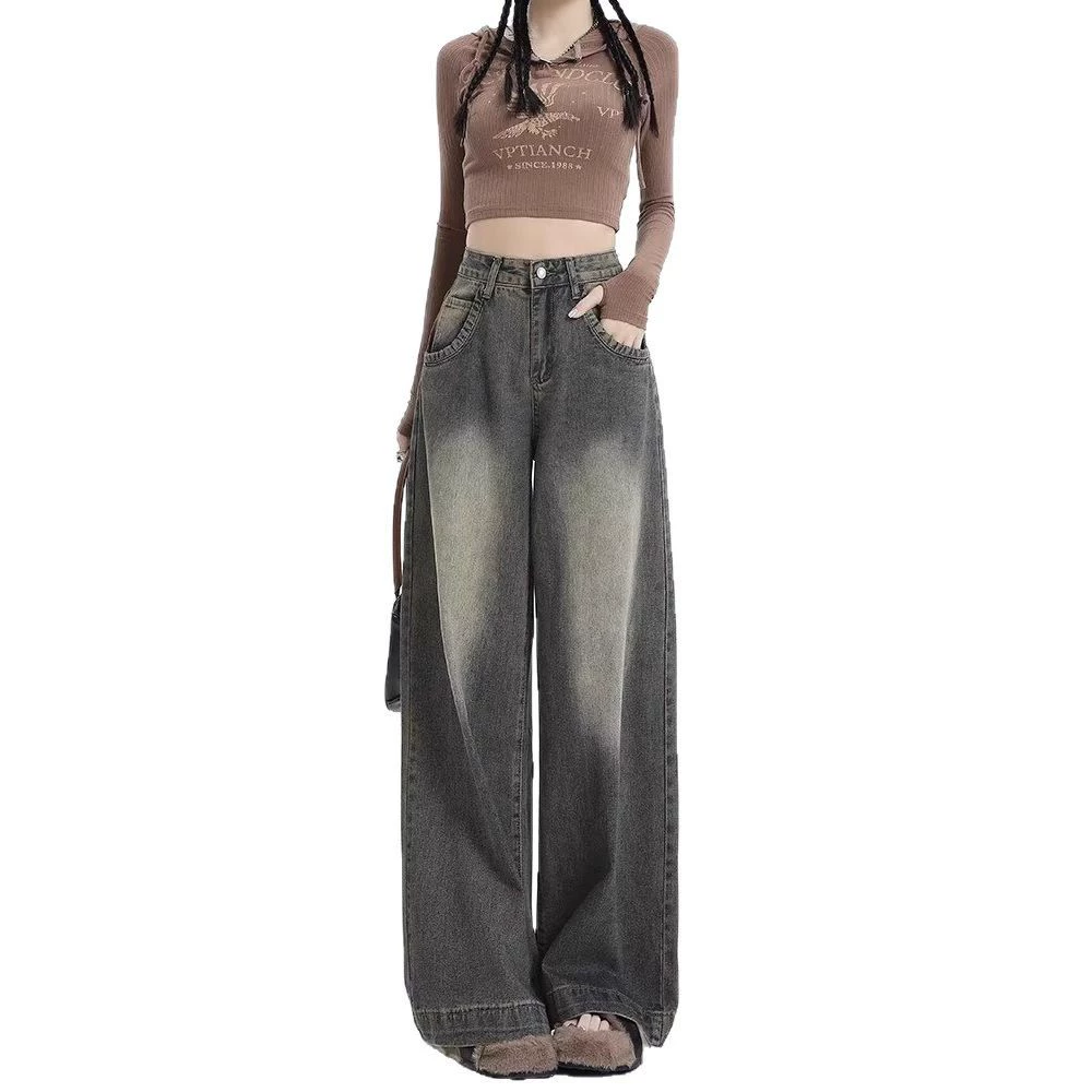 Retro autumn trousers, jeans, high waist, loose straight fit, high-quality style