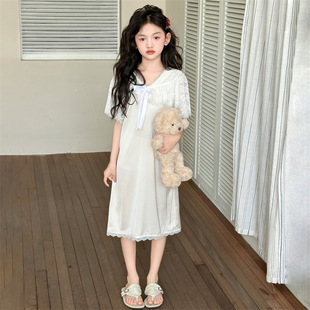 Girls Classy Ice Silk Nightgown 2025 New Kidsren's Summer Thin Lace Nightgown Dress Girl Princess Style Nightgown