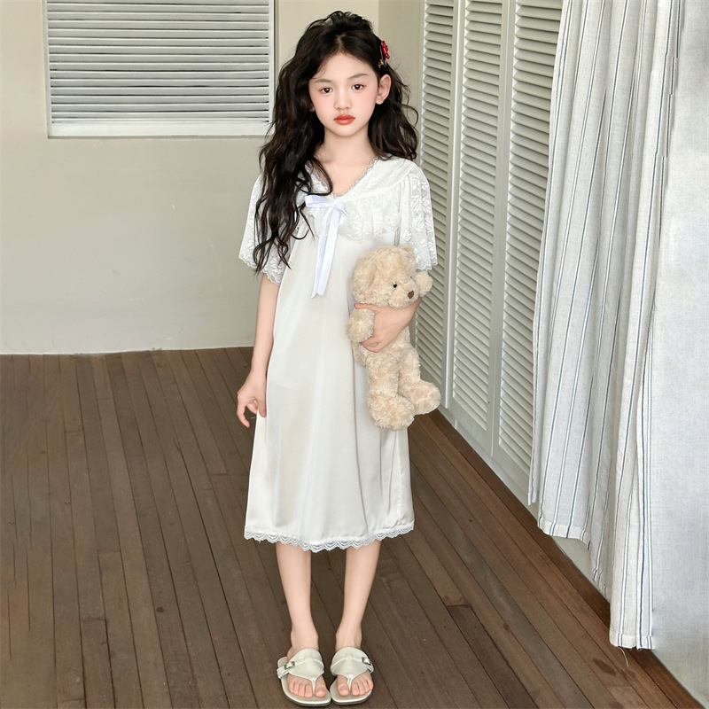 女の子のハイエンドアイスシルクパジャマ 2025 新しい子供の夏の薄いレースのパジャマドレス女の子プリンセススタイルパジャマ|undefined
