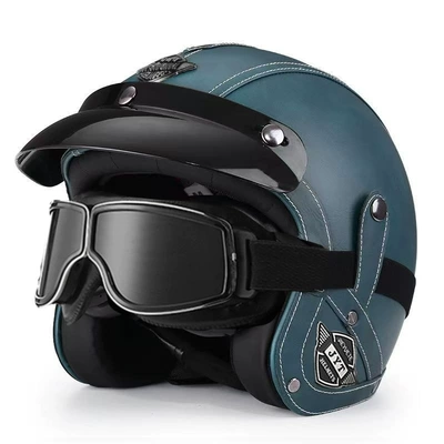 Men's and Women's Motorcycle Leather Motorcycle Safety Supplies - 555-leather-helmet-blue-square-retro-visor-s