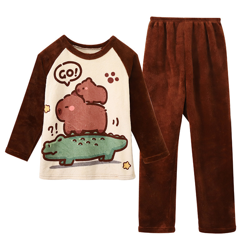 Otoño y invierno coreano para niños niñas pajamas de franela conjunto de ropa delgada para padres e hijos pesados pajamas de niños