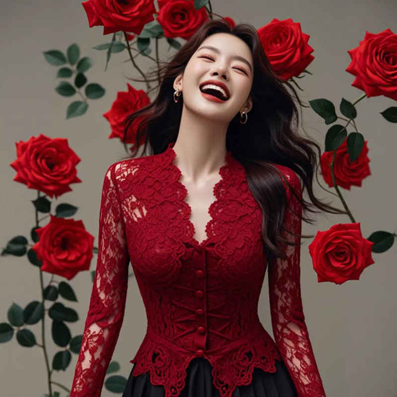 Chic Red Lace Shirt with a Slim Fit, High-End and Stylish French Style, 2026 Early Spring Long-Sleeve Top with an Elegant Vibe