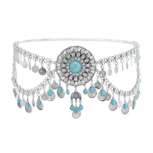 New exaggerated retro metal waist chain turquoise large disc coin tassel hollow flower belly dance waist ornament
