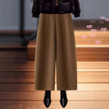 高端卡其色八分哈伦裤女士2025秋冬季新款小个子毛呢弯刀阔腿裤子