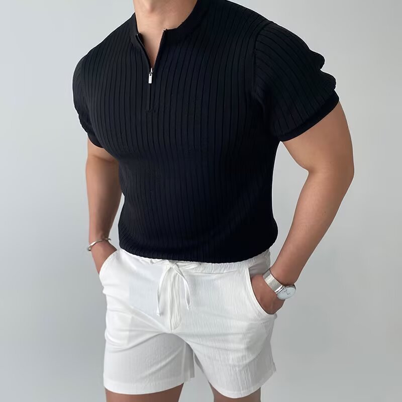 Black Henry Collar Slim Knitted Short-Sleeved Men's Summer New Korean Style Light Mature Style Half-Zip Slim T-Shirt