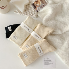 2022年襪子女秋冬 加厚保暖新款細豎條奶油系純色中筒襪羊絨女襪