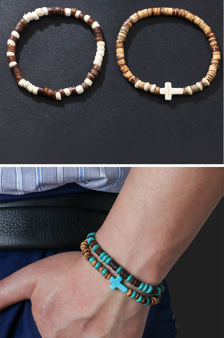 Casual Retro Cross Wooden Beads Turquoise Unisex Bracelets display picture 4