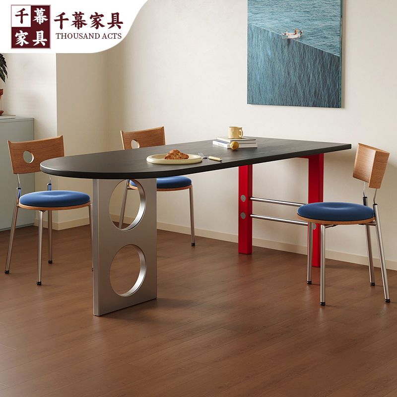 Qianmu Bauhaus Solid Wood Dining Table for Home Use, Memphis Color-Blocking Dining Table, Vintage Style Semi-Oval Wall-Mounted Desk Qianmu Bauhaus Solid Wood Dining Table for Home Use, Memphis Color-Blocking Dining Table, Vintage Style Semi-Oval Wall-Mounted Desk