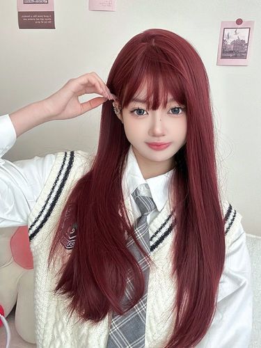 Kony wig female long hair Neptune red Mera red Lolita natural simulation hot girl long straight hair full headgear