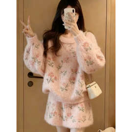 冬装穿搭一整套超火漂亮氛围感粉色针织衫毛衣裙子两件套