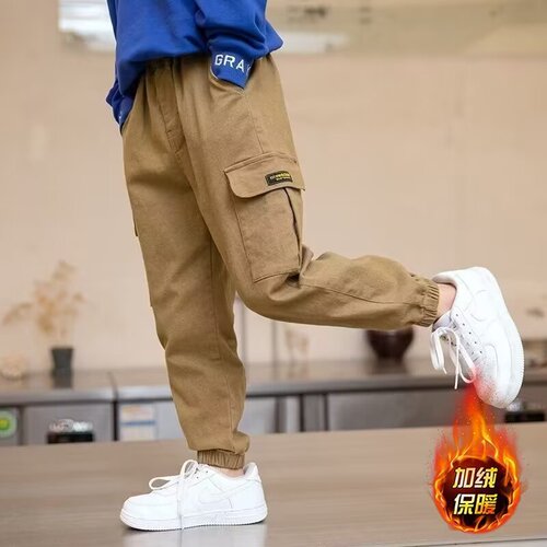 Children's Casual Work Pants Autumn/Winter New Style Versatile Work Pants for Older Children Integrated Fleece Warmth Pants Trendy