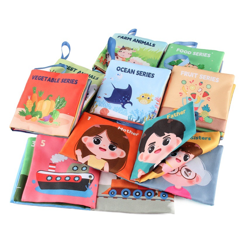 Libro de tela tridimensional para bebés juguetes de Educación Temprana de 4 lados de 8 páginas personaje de comida cognición animal libro de tela para bebés libro De Palma inglesa
