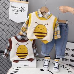 小男孩卡通蜜蜂毛衣馬甲三件套2023春秋新款兒童格子長袖襯衣套裝