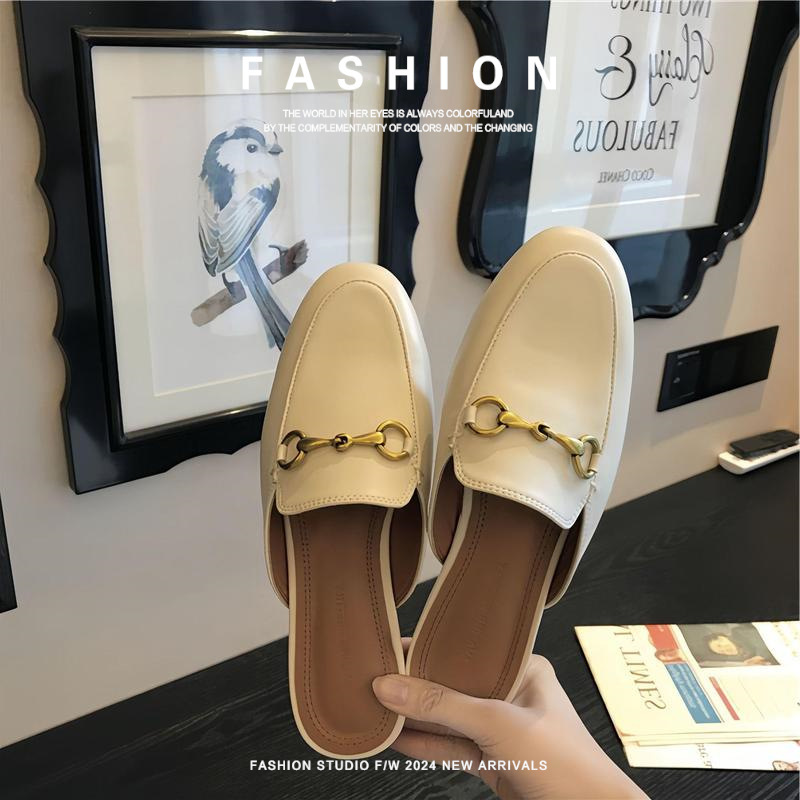 Genuine Leather Mule-Style Summer Outdoor Flat Slippers for Women, Full and Half Slip-On Slippers, Lazy Slip-On Sandals with a High-End Feel and Non-Slip Soles Genuine Leather Mule-Style Summer Outdoor Flat Slippers for Women, Full and Half Slip-On Slippers, Lazy Slip-On Sandals with a High-End Feel and Non-Slip Soles