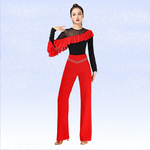 Latin Dance Top New Modern Dance Jitterbug Dance Suit Mesh Elegant Wavy Sleeves Red Long Sleeves