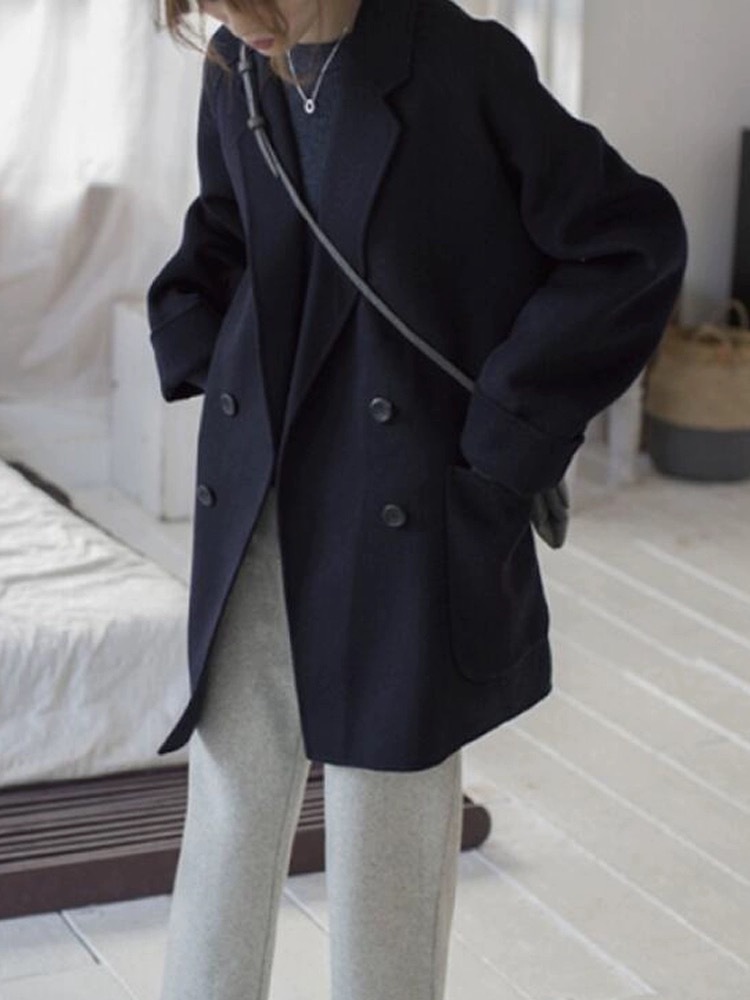 25秋冬新作両面ウールコート レディース 韓国風 シンプル 小柄向け ミドル丈 ゆったりスーツ風ウールジャケット