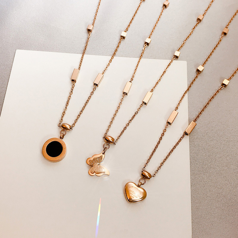 Internet Celebrity Popular Hip-Hop Style Square Necklace Women's Trendy Butterfly Pendant Rose Gold Titanium Steel Temperament Accessory Chain